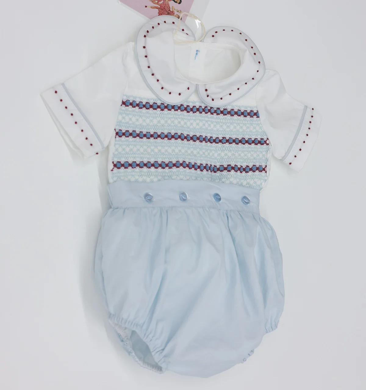 0-6Y Boy Summer Light Blue Handmade Emboidery Smocked Outfit Suit for Birthday Photography Party Casual A139