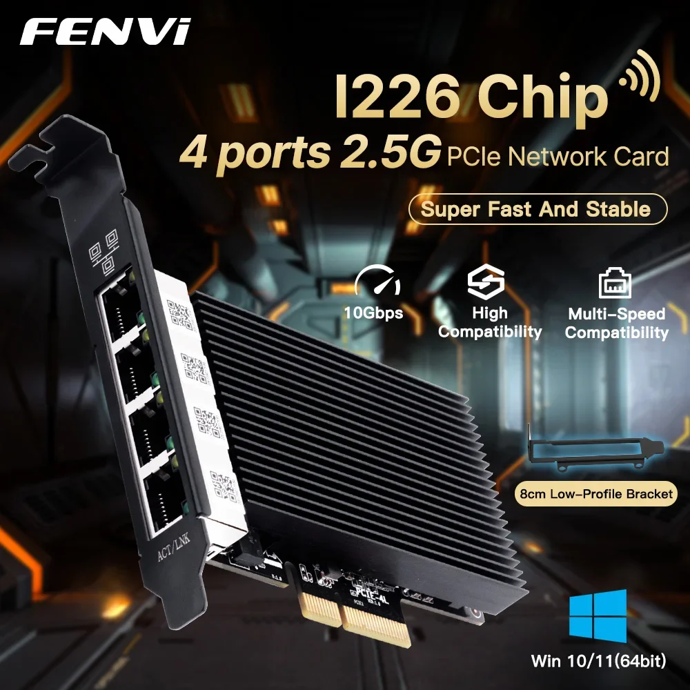 Karta sieciowa fenvi 2,5 Gb/s PCIe dla Intel I226 10/100/1000/2500 Mb/s RJ45 4-portowy adapter LAN dla komputera stacjonarnego Windows 10/11