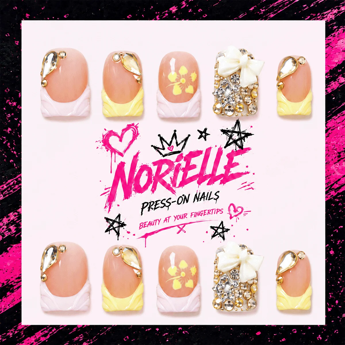 10 Stück Y2K Handgemachte Press-On-Nägel, Rosa-Gelbe Französische Spitze, 3D-Schleife Strass Blumenmuster Kurze Quadratische Kunstnägel für Frauen