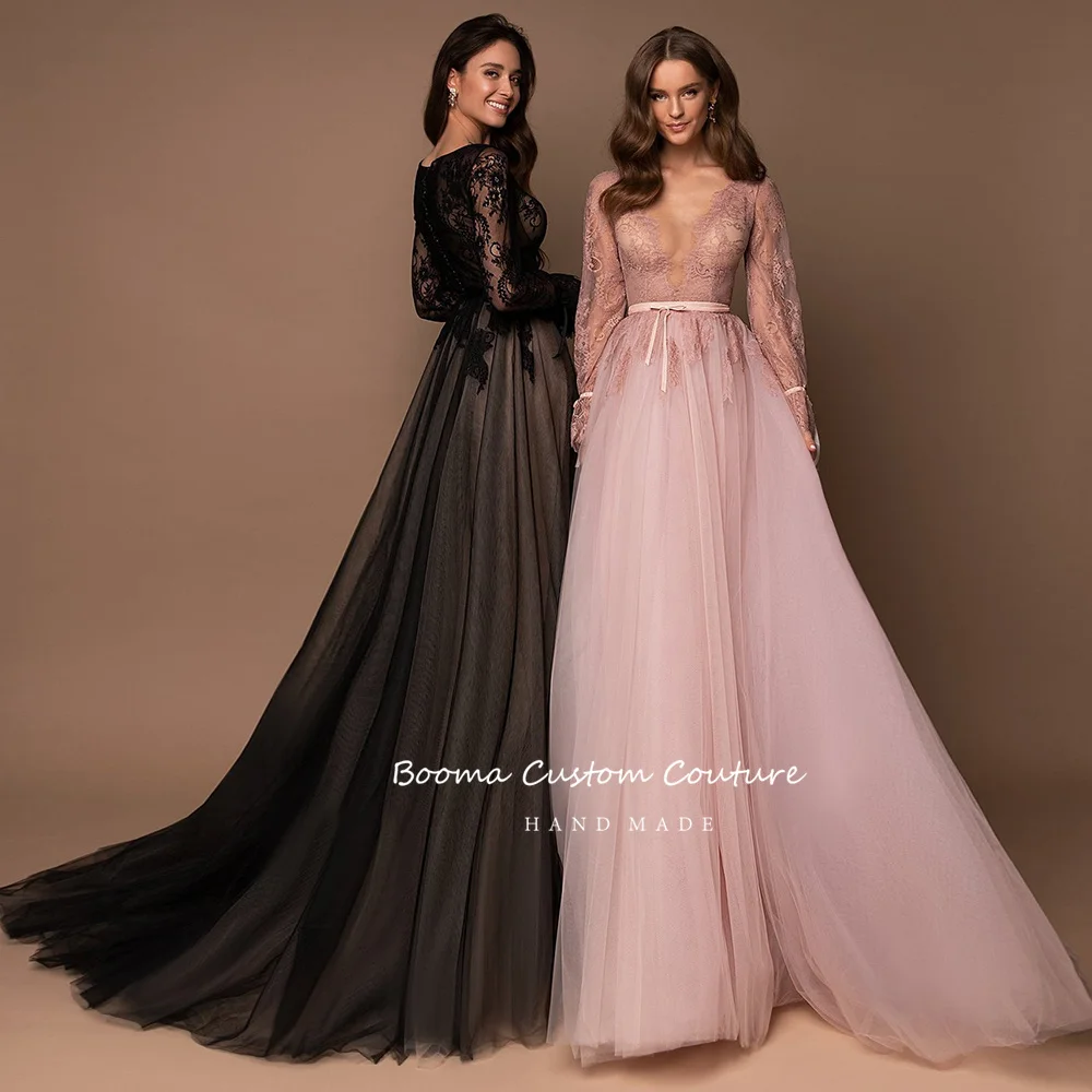 Elegant Black Plunging V-Neck Prom Dresses Long Sleeves Illusion Lace Bodice A-Line Evening Dresses Velvet Sashes Party Dresses