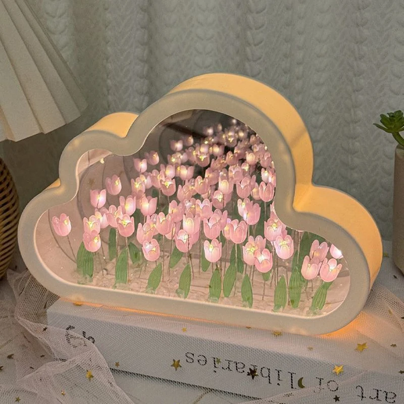 Cloud Shape Tulip Mirror 2 In 1  LED Night Light Mirror Handmade Bedroom Sleeping Table Craft Night Light Home Decor Mirror