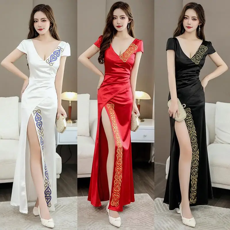 Women‘s Uniforms Staff Reception Work Clothes Beauticians Spa Therapists Massage Technicians Front Desk Sexy Slit Long Dresses