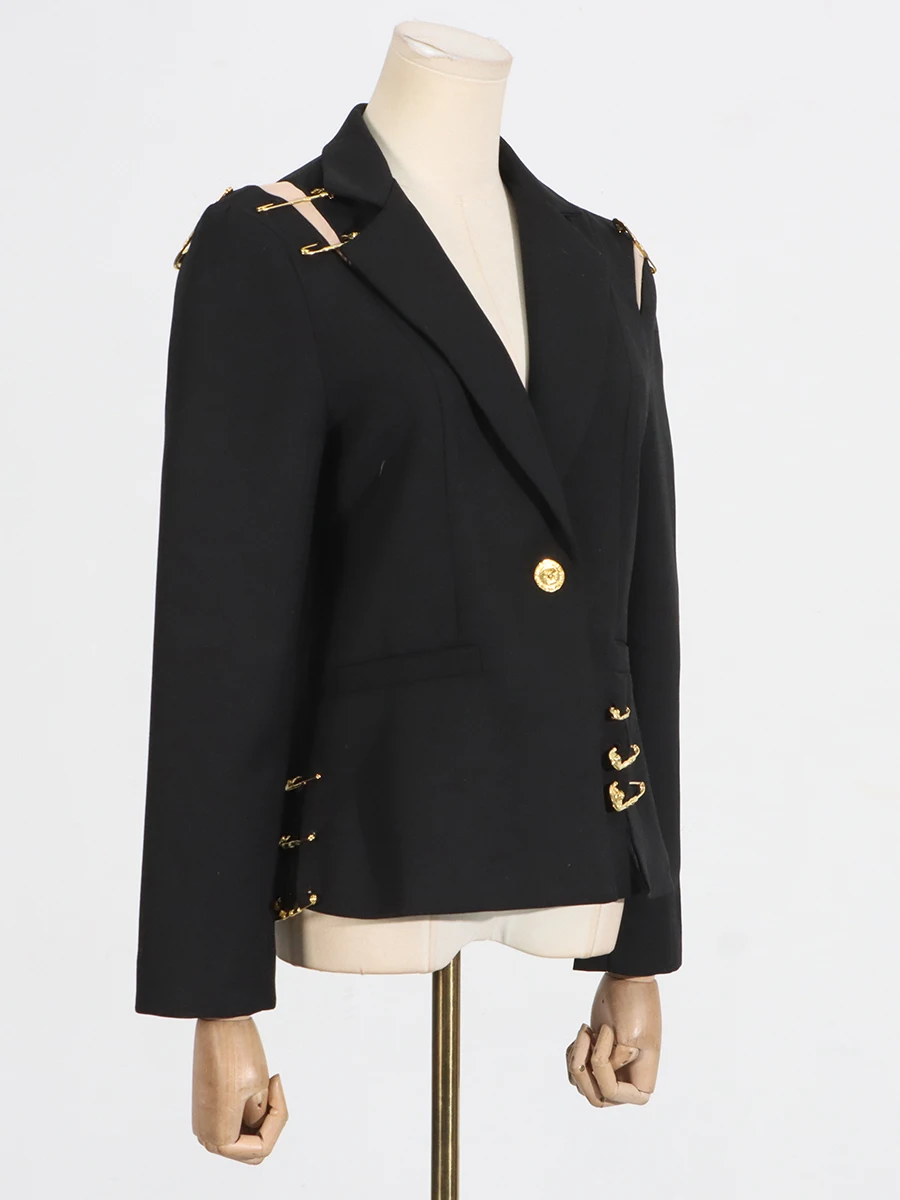 Romiss sólido retalhos fivela de metal blazers para mulher gola entalhada manga longa botão emendado casual emagrecimento blazer feminino