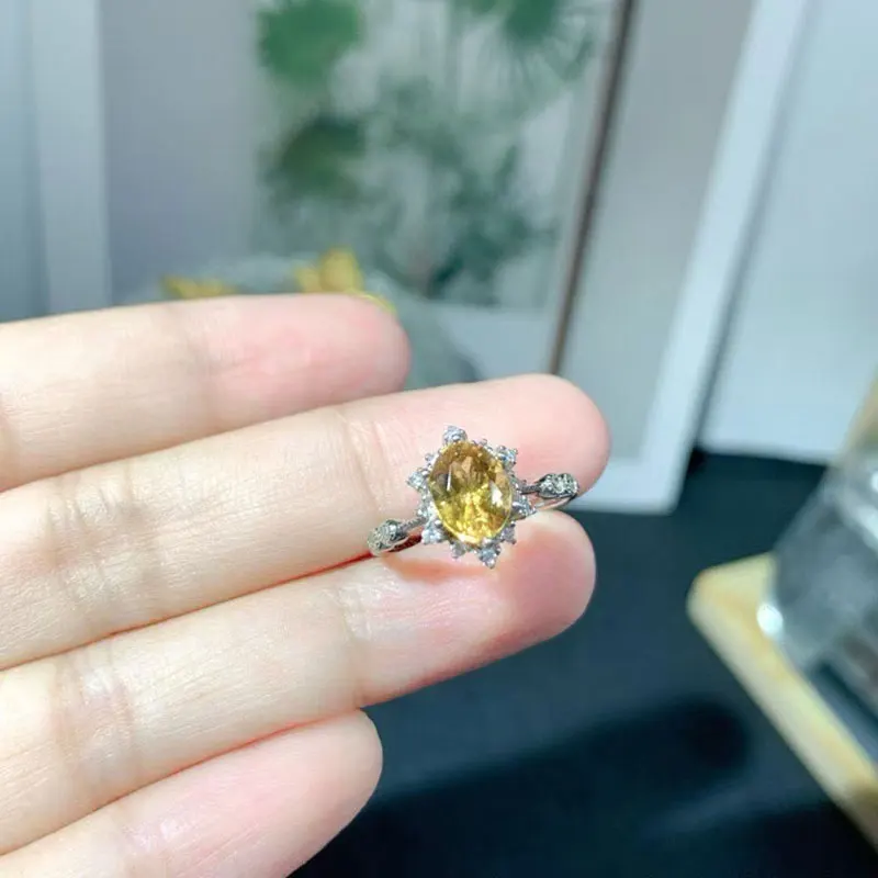 العتيقة نظرة 925 الفضة سيترين خواتم 6 مللي متر * 8 مللي متر 1ct السترين الطبيعي مجوهرات 18K مطلية بالذهب الأصفر كريستال الدائري