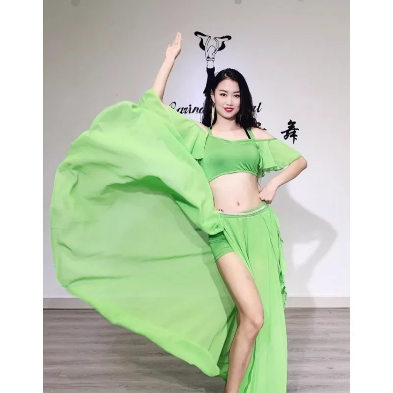 Trajes de danza del vientre personalizados, conjunto de traje de práctica, vestido de actuación con doble hendidura, nuevo traje de danza Oriental, falda con vuelo grande de gasa