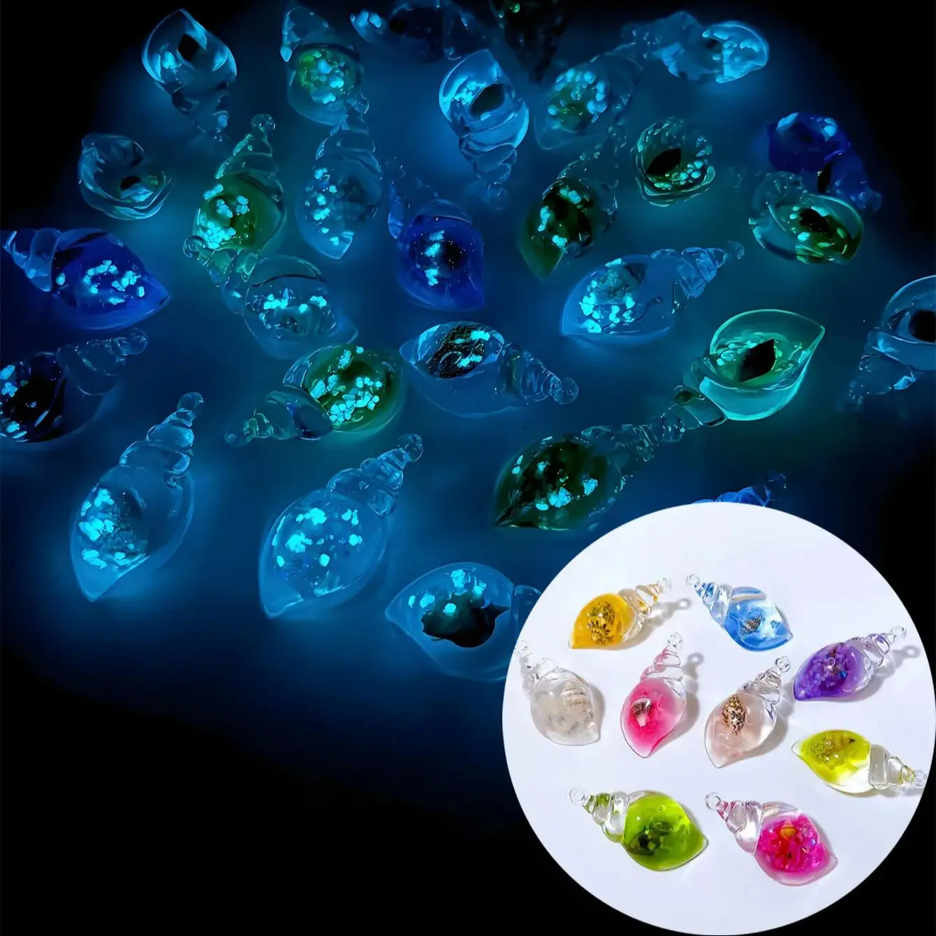 10/20 Stück schimmernde leuchtende Muschel-Harz-Anhänger, vom Ozean inspirierte DIY-Schmuckanhänger, im Dunkeln leuchtende Muschel-Accessoires