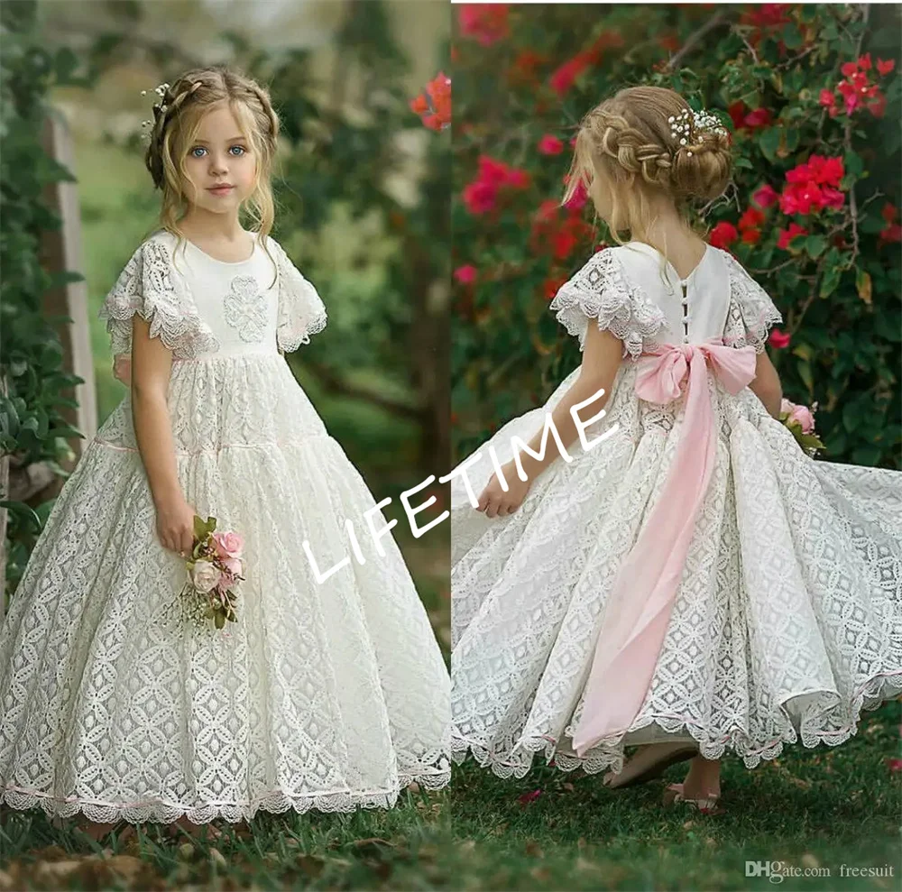 Vestidos de encaje blanco para niña, vestido de princesa para fiesta de bodas, primera comunión, ocasión especial, vestido de desfile