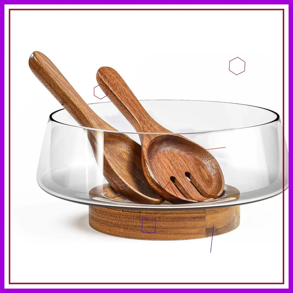 

Extra Large Glass Salad Bowl Set with Acacia Wood Base and Serving Utensils - Elegant Kitchen Must-Have for Parties