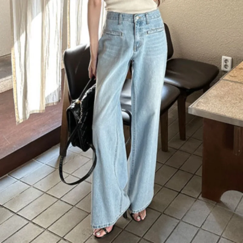 High Street Light Blue Wide Leg Jeans Women Korean Fashion Streetwear Chic Denim Pants Chic Boyfriend Jean Female