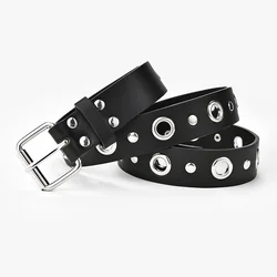 Unisex Black PU Leather Belt with Pin Buckle & Eyelets - Punk Style, for Jeans & Casual Wear