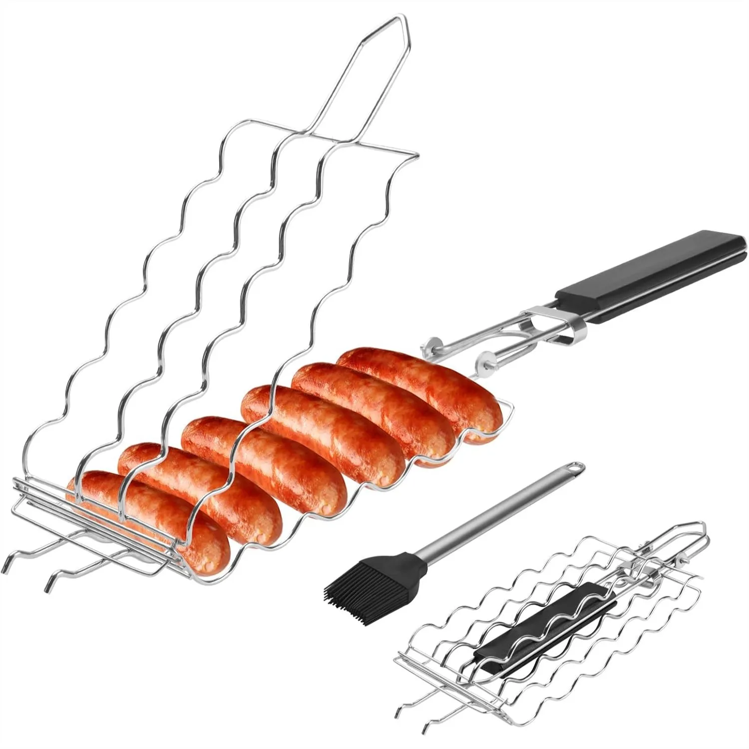 

6 Pack Hot Dog Holder For Grilling With Brush, Stainless Steel BBQ Basket Mesh Clip With Removable Heat-Resistant Wooden Handle For Sausages Steak Vegetables
