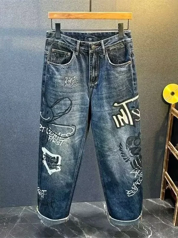 

Trendy fiti Cartoon Jeans Men's Spring Autumn Loose Straight Leg Personalized Print Haome Long Trousers Casual Wear