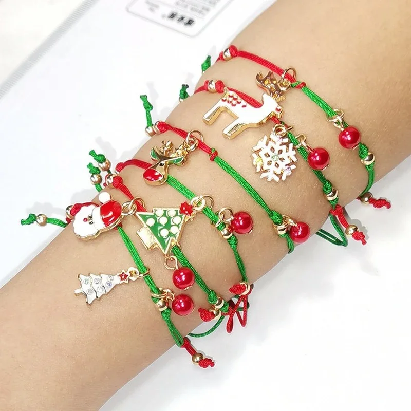

30pcs Christmas Braided Rope Bracelet Holiday Snowflake Snowman Reindeer Santa Claus Pendant Child Adult Accessories