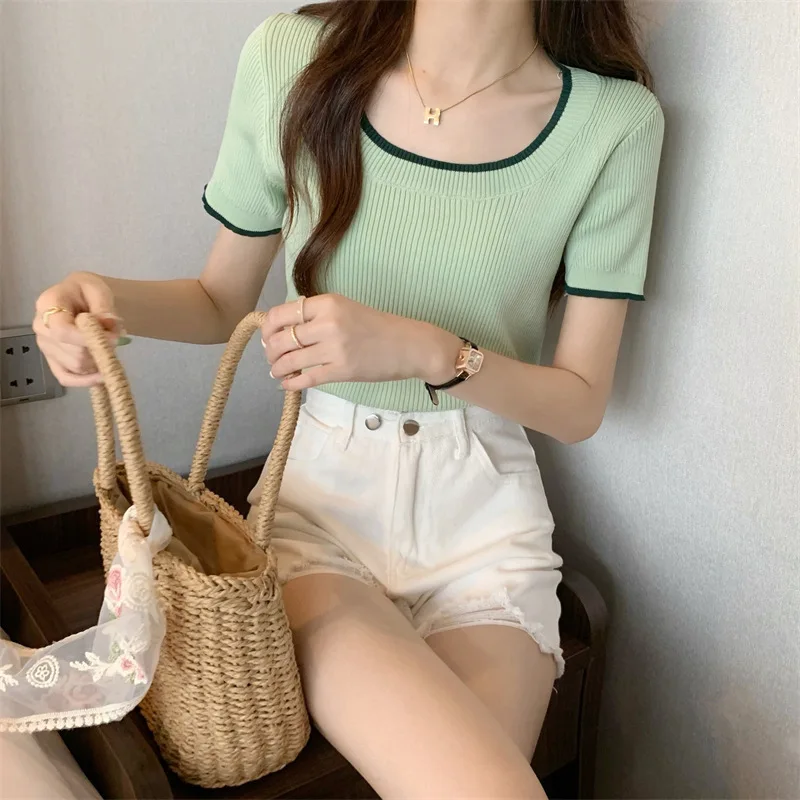 U Collar Short Sleeve Contrast Knitwear Solid Color Sexy Commute Slim Slimming Preppy Style Women's Clothing Trendy