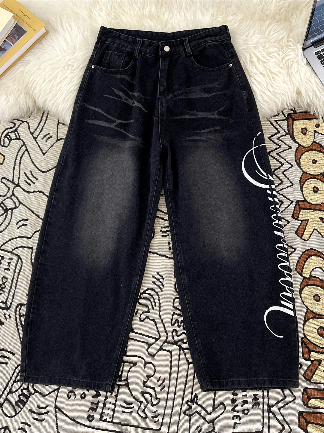 American Letter Printed Jeans For Men Autumn Fashion Washed Retro Denim Pants Casual High Street Loose Male Trousers