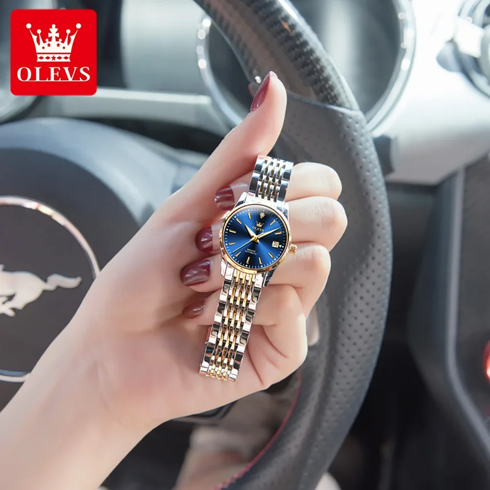 OLEVS-Reloj mecánico automático para Mujer, pulsera luminosa de acero inoxidable, resistente al agua, movimiento Original, de lujo