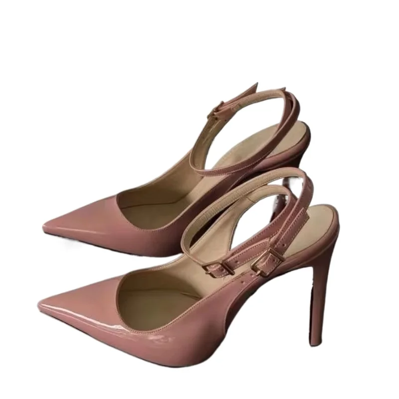 Arden Furtado Summer Pink Patent Leather Ankle Strap Sandals Pointed-Toe Super High Heel Belt Buckle Banquet Modern Sandals