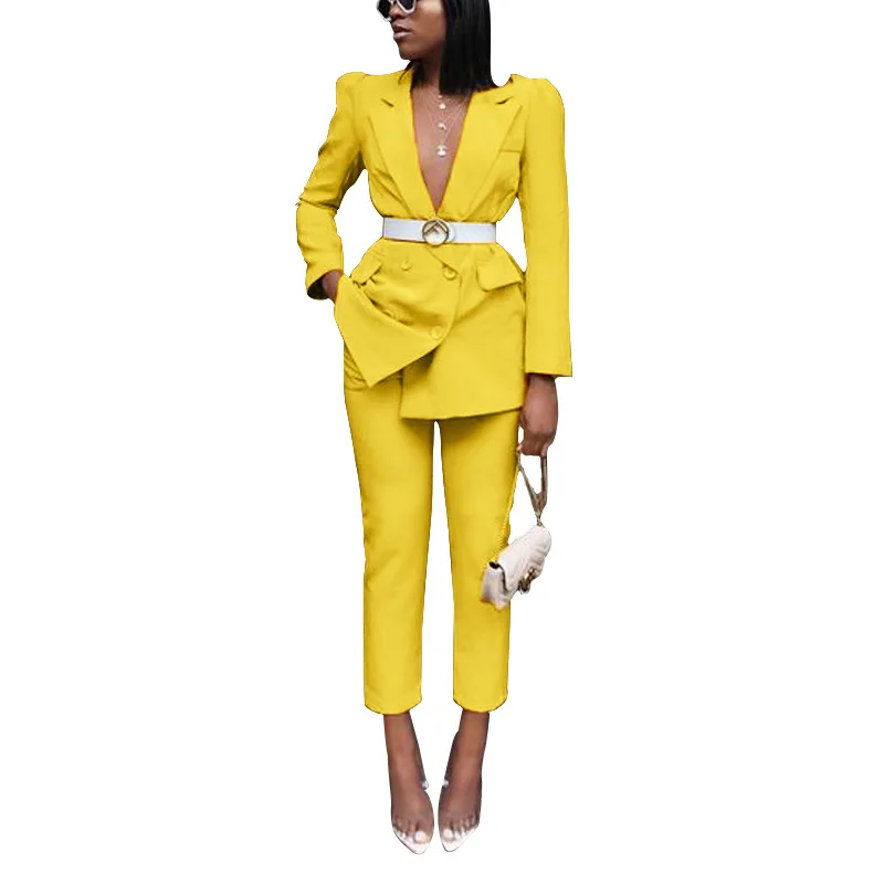 Spring Women Solid Long Sleeve Blazer Jacket Casual Pants Suit Office Lady Elegant Button Yellow 2 Piece Set OL Business Outfits