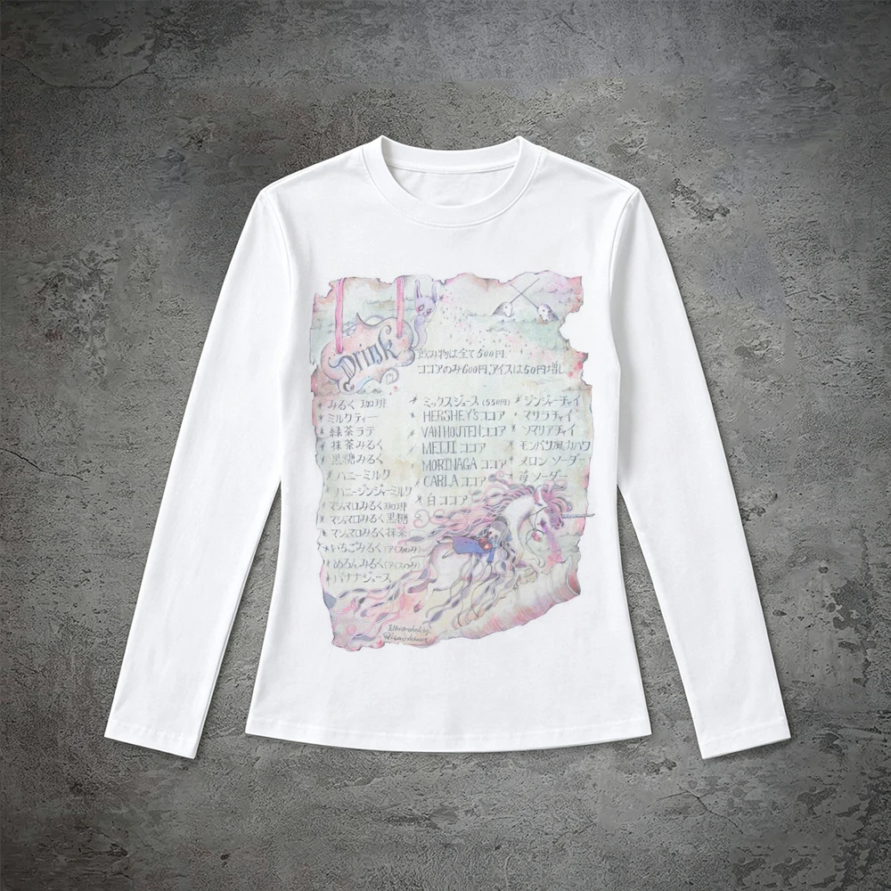 Y2K Vintage Manuscript Unicorn Watercolor Graphic Long Sleeve Tee Women Round Neck Slim Casual Top