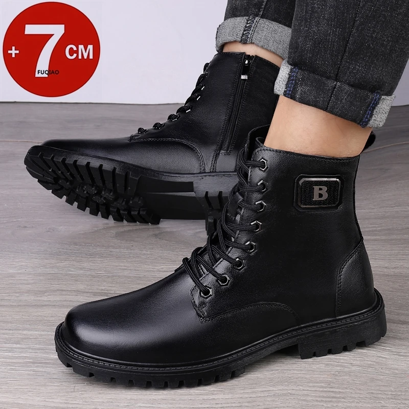 الرجال جلد طبيعي مصعد الأحذية الشتاء الدافئة اصطف زمم حذاء من الجلد 7 سنتيمتر الارتفاع المخفي زيادة للأعمال الرسمية عادية
