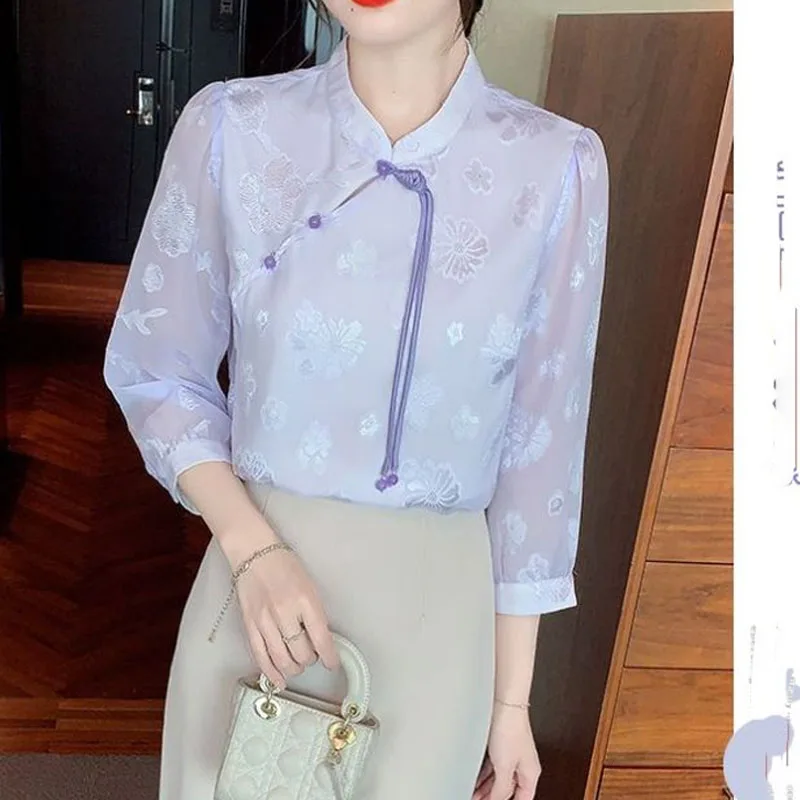 Spring Autumn New Women's Solid Color Stand Collar Jacquard Button Fashion Vintage Slim Half Sleeve National Style Shirt Tops