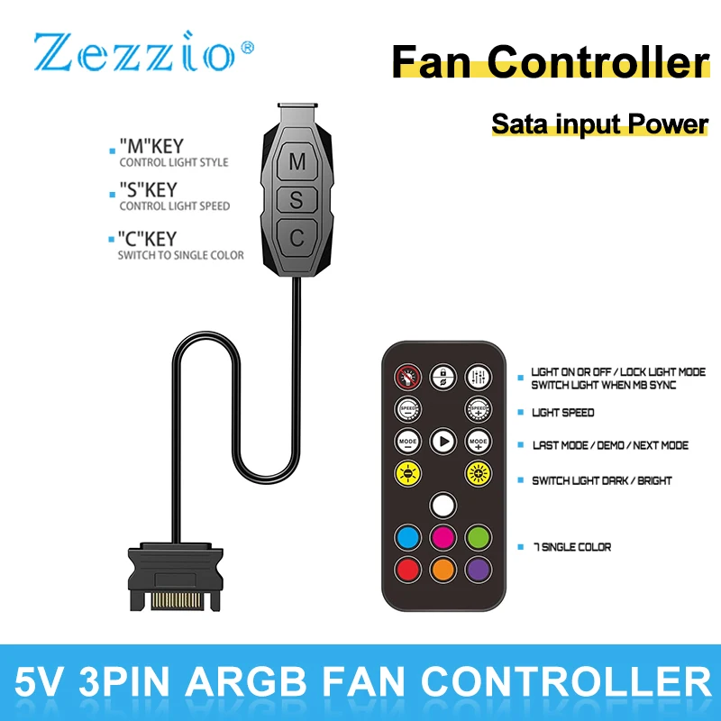 

Zezzio 5V 3PIN ARGB Fan Controller Computer Case Fan Light Synchronous ARGB PC Fan MINI Light Controller 17-key Remote Control