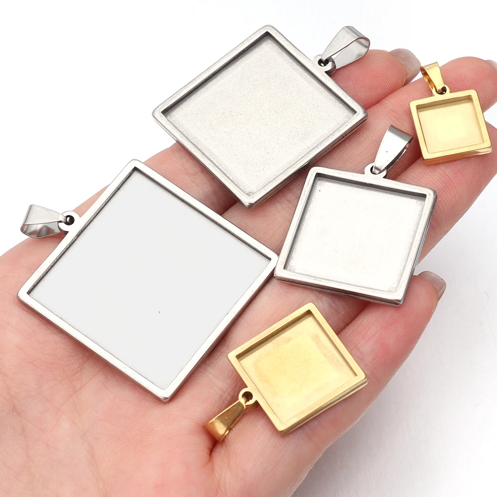 2Pcs Stainless Steel 10 15 20 25 30mm Square Cabochon Cameo Base Tray Bezel Blank Setting Supplies for Jewelry Making Pendant