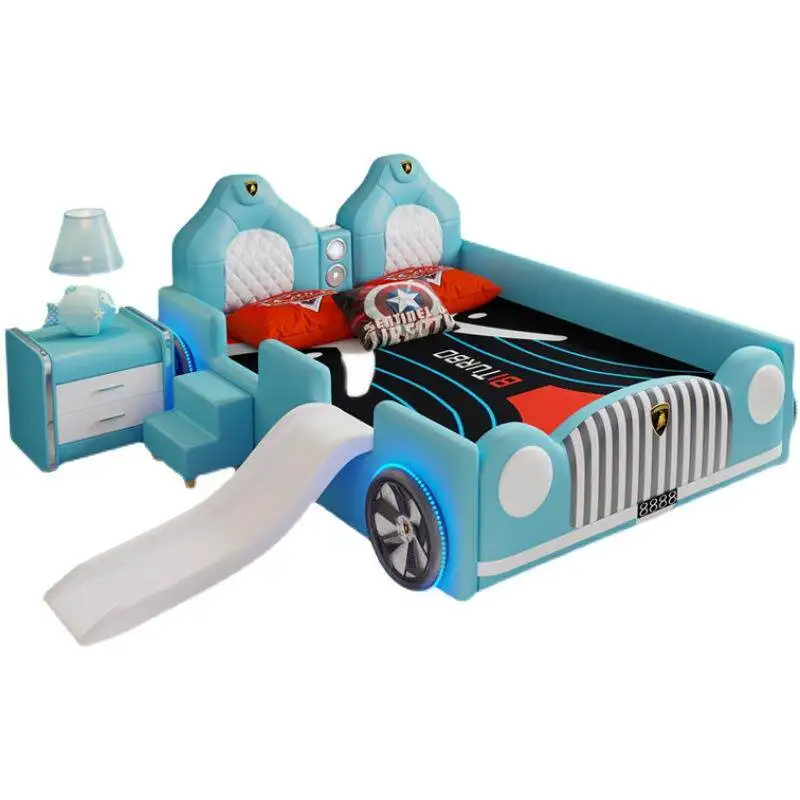 *Modern Kids Sports Car Bed with Slide and LED Lights High Quality Upholstered Racing Car Bed for Boys Bedroom