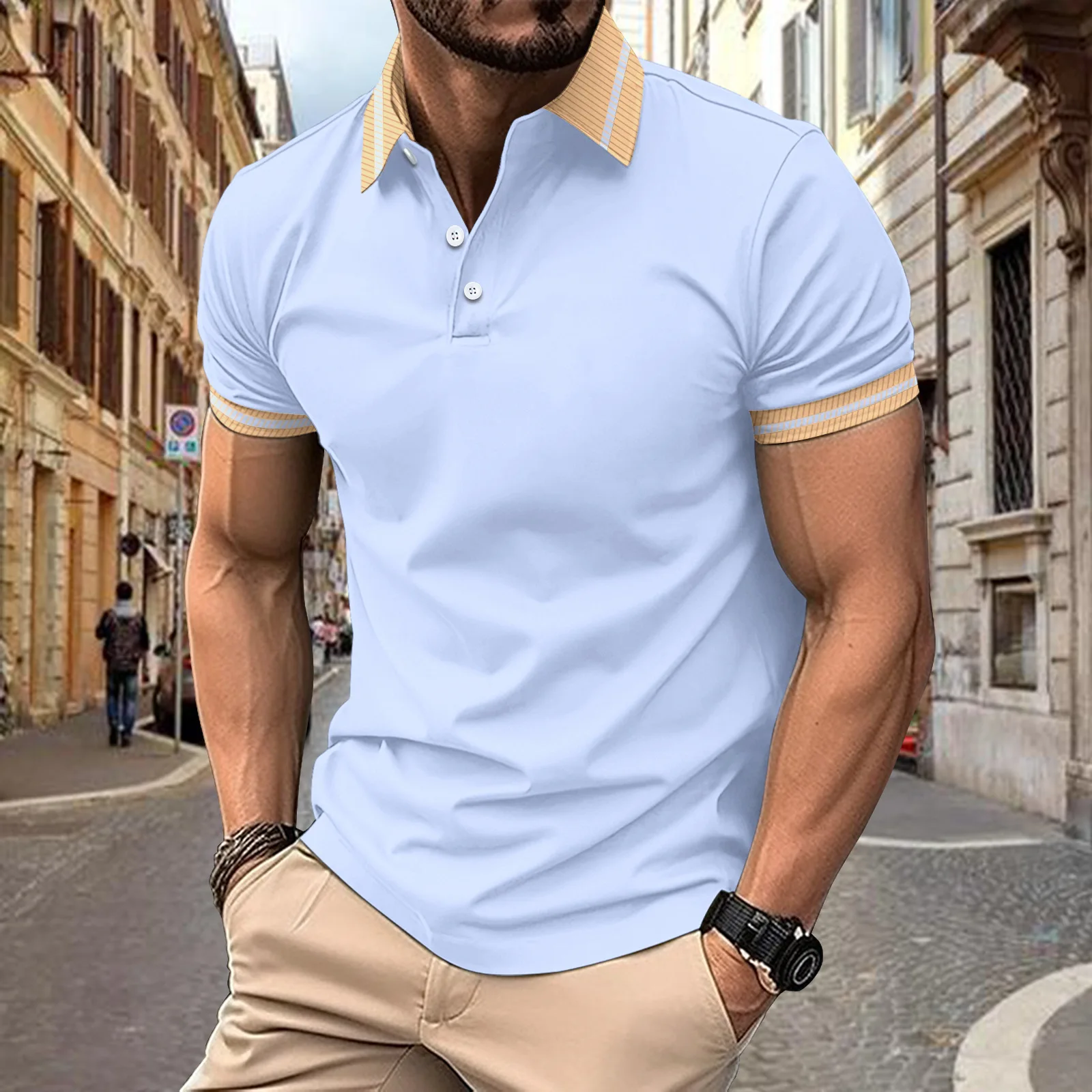 Camicia POLO Amazon estiva europea e americana da uomo con bottoni abbinati ai colori, polo sportiva da uomo con risvolto