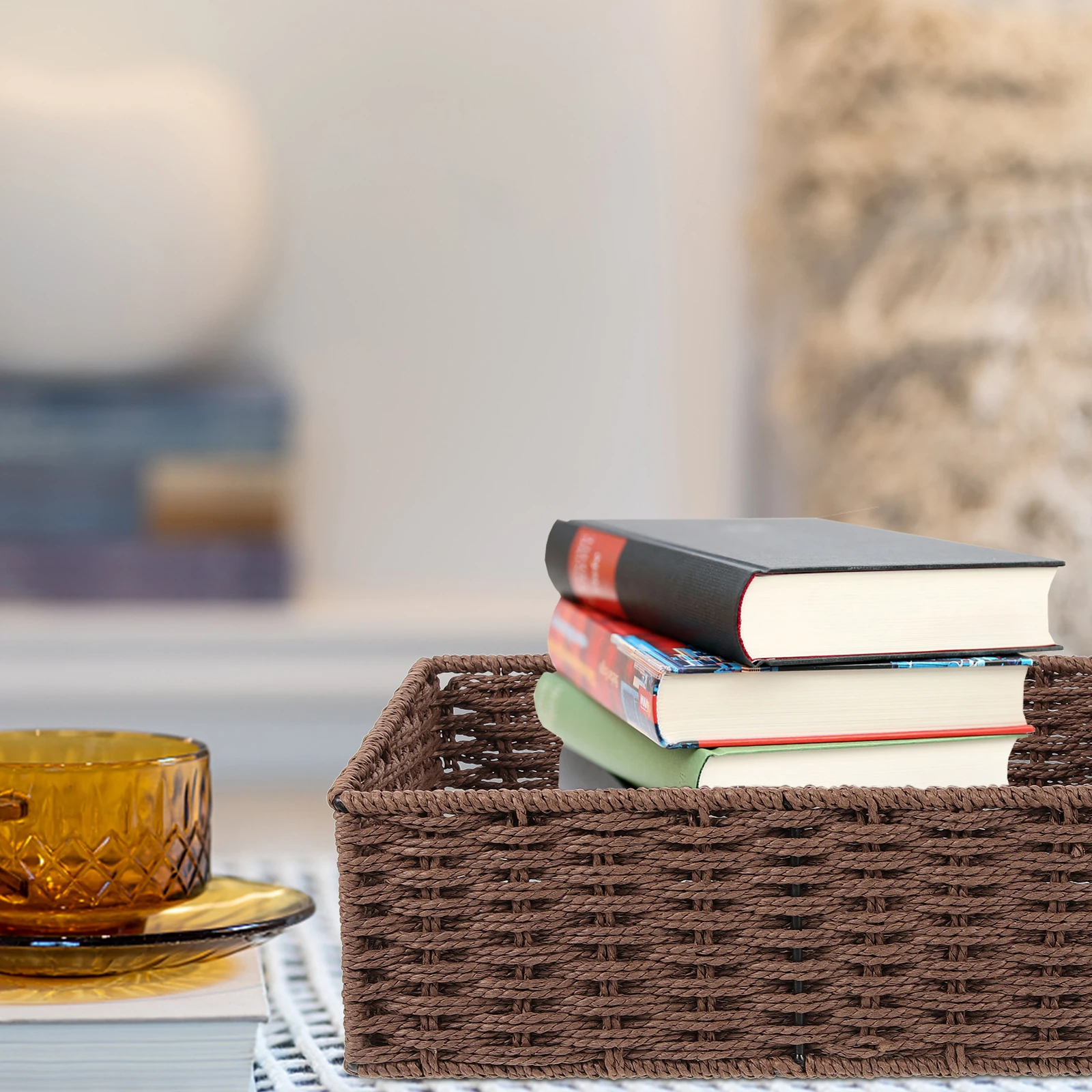

Woven Storage Basket Paper Rope Organizer Bin Multipurpose Household Box Desktop Shelf Sundry Container Natural Fiber