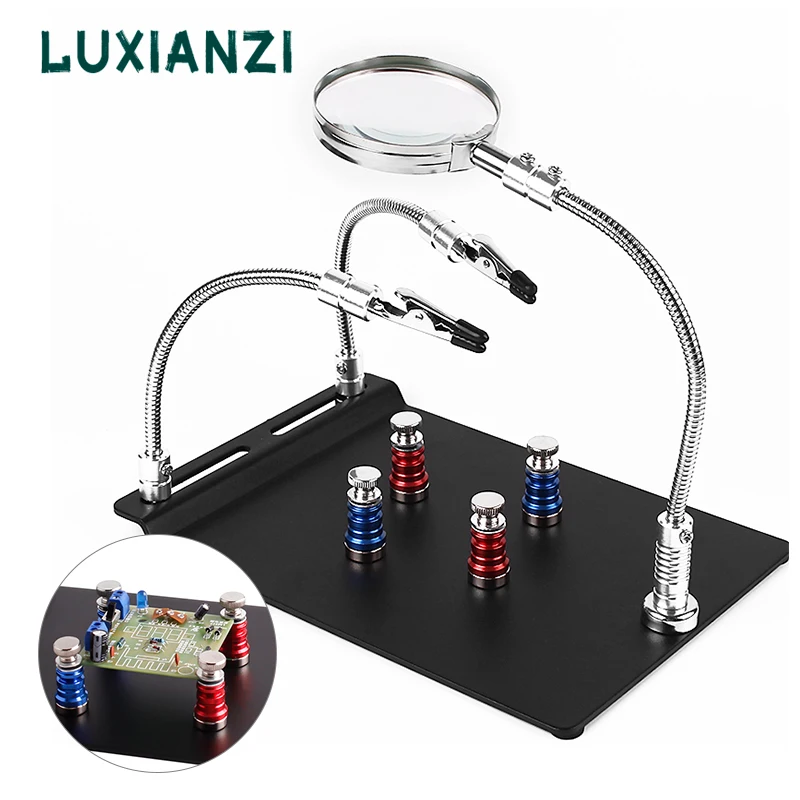 LUXIANZI ที่สามเครื่องมือฐานแม่เหล็กบอร์ด PCB Fixing คลิปโลหะ4สีแดง/สีฟ้าหนีบคอลัมน์สำหรับเชื่อมซ่อมเครื่องมือ