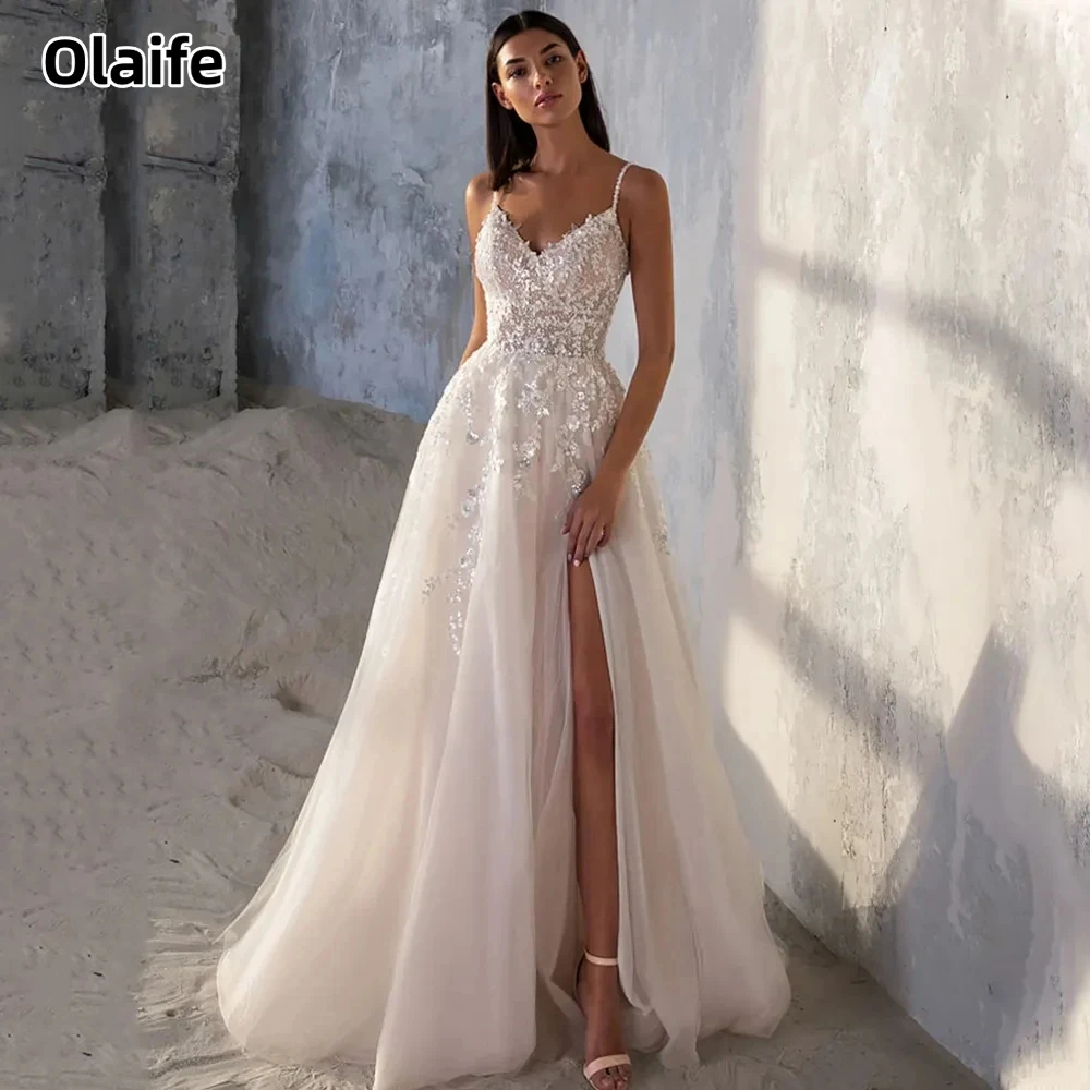 Olaife Split A-line Wedding Dresses Beaded Spaghetti Straps Sweep Tulle Bridal Gowns Appliques Sexy Robe Vintage Vestidos