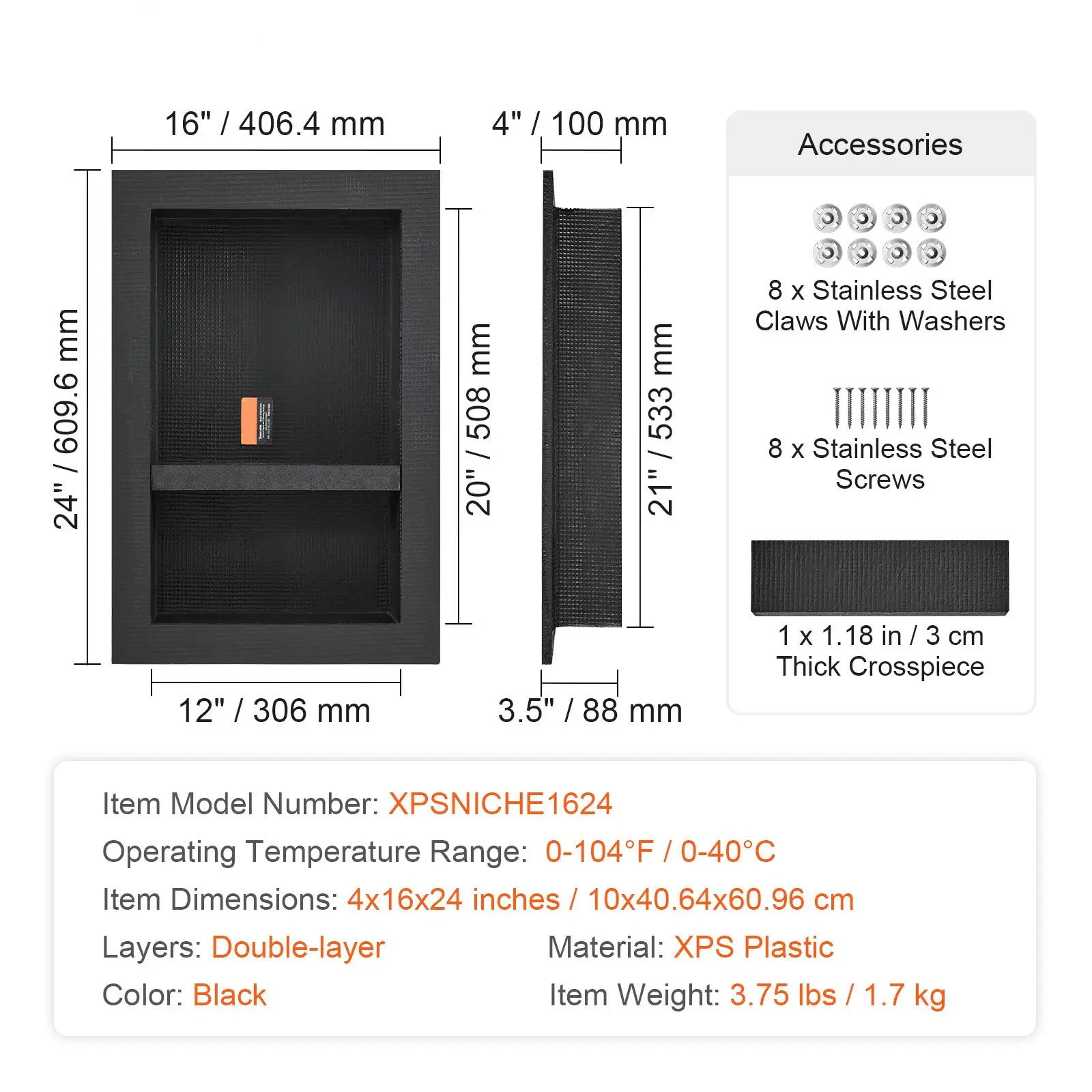 

16" x 24" Tile Ready Shower Niche Double Shelf Recessed Wall Insert Sealed Modern Soap Storage Black