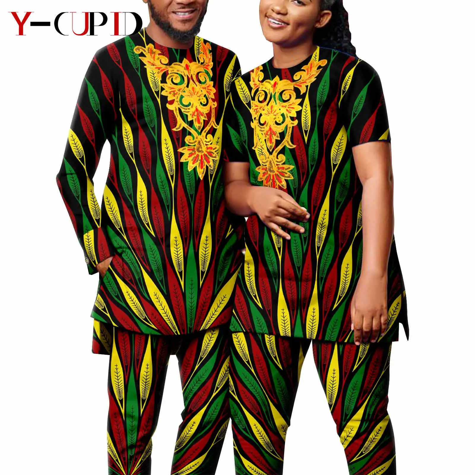 Matching Couple Clothes Bazin Riche African Women Print Top and Pants Sets Dashiki Men Appliques Outfits Kaftan Attire Y23C061