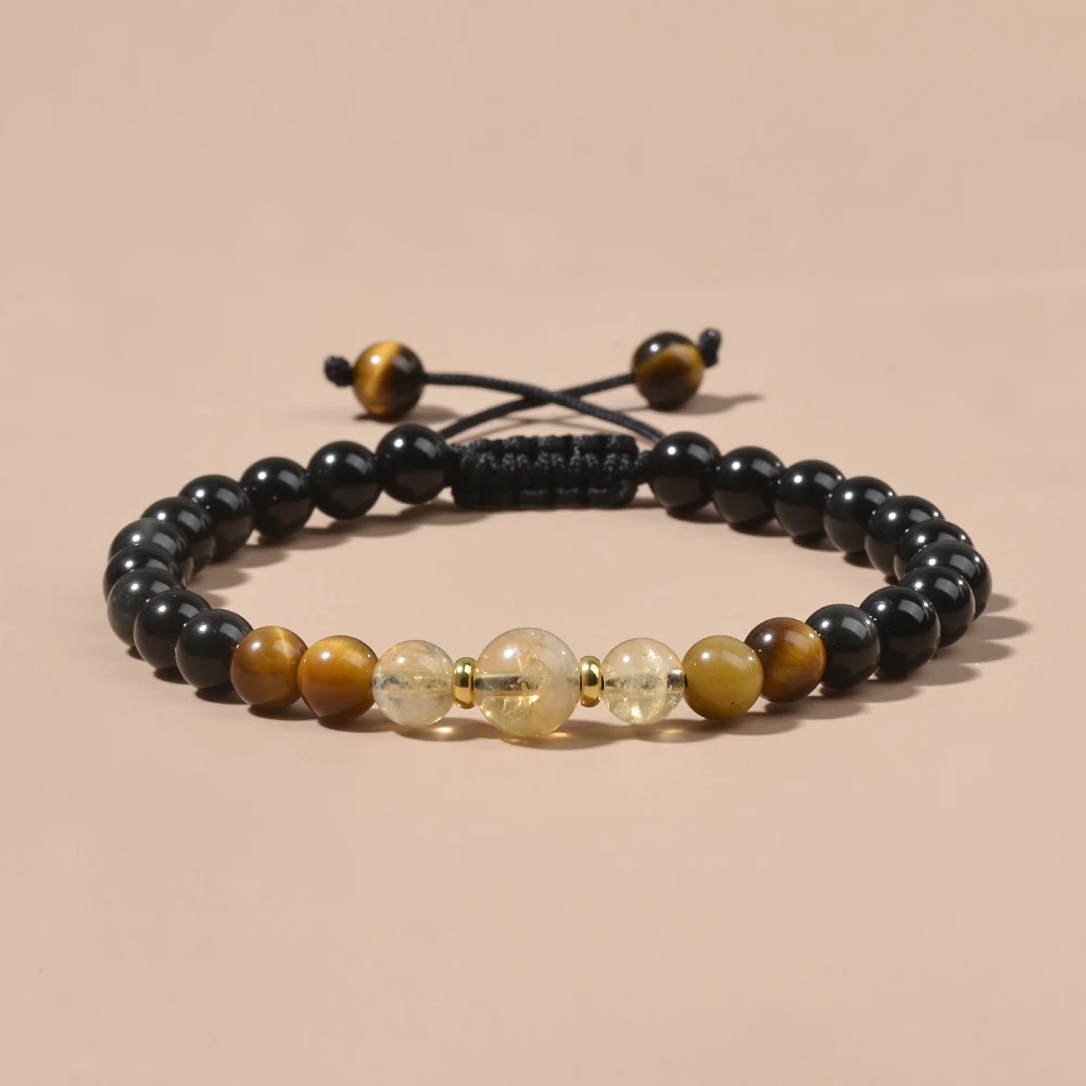Natural Stone Black Obsidian Tiger Eye and Citrine Adjustable Bracelets Casual Jewelry for Women Men Daily