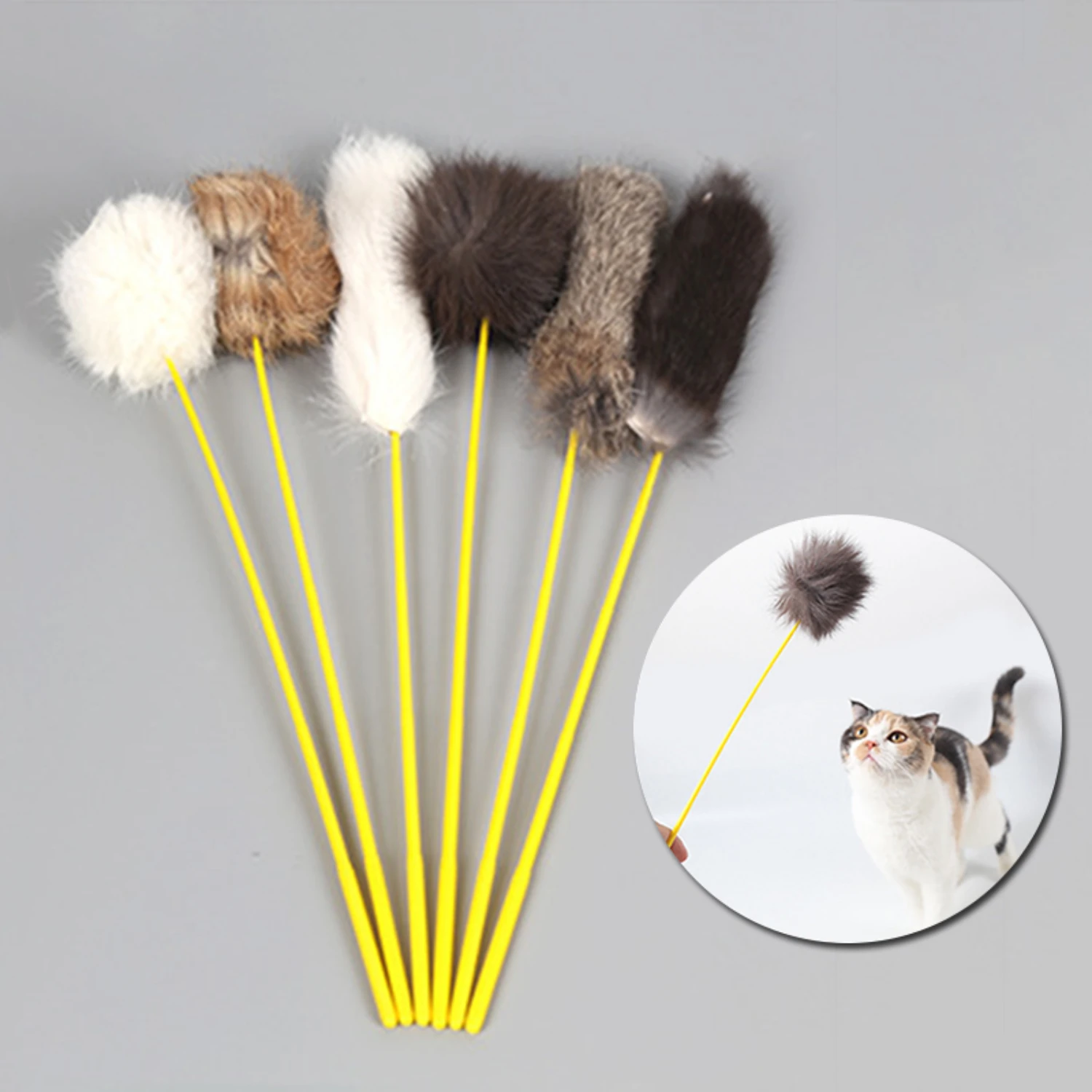 Fluffy Interactive Random Color Faux Rabbit Pompom Tease Cat Stick - Plush Pet Training Toy for Cat Playtime - Entertaining and 