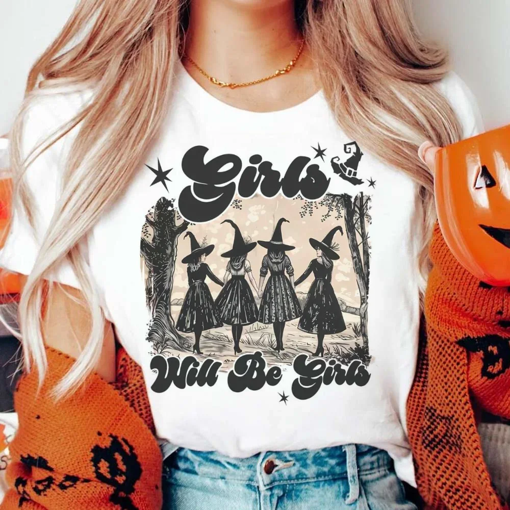 Girls Will Be Girls Witch Vibes Girl Power Printed T-Shirt Harajuku Short Sleeve 2024 Summer Fashion Round Neck Women\'s Top T-Sh