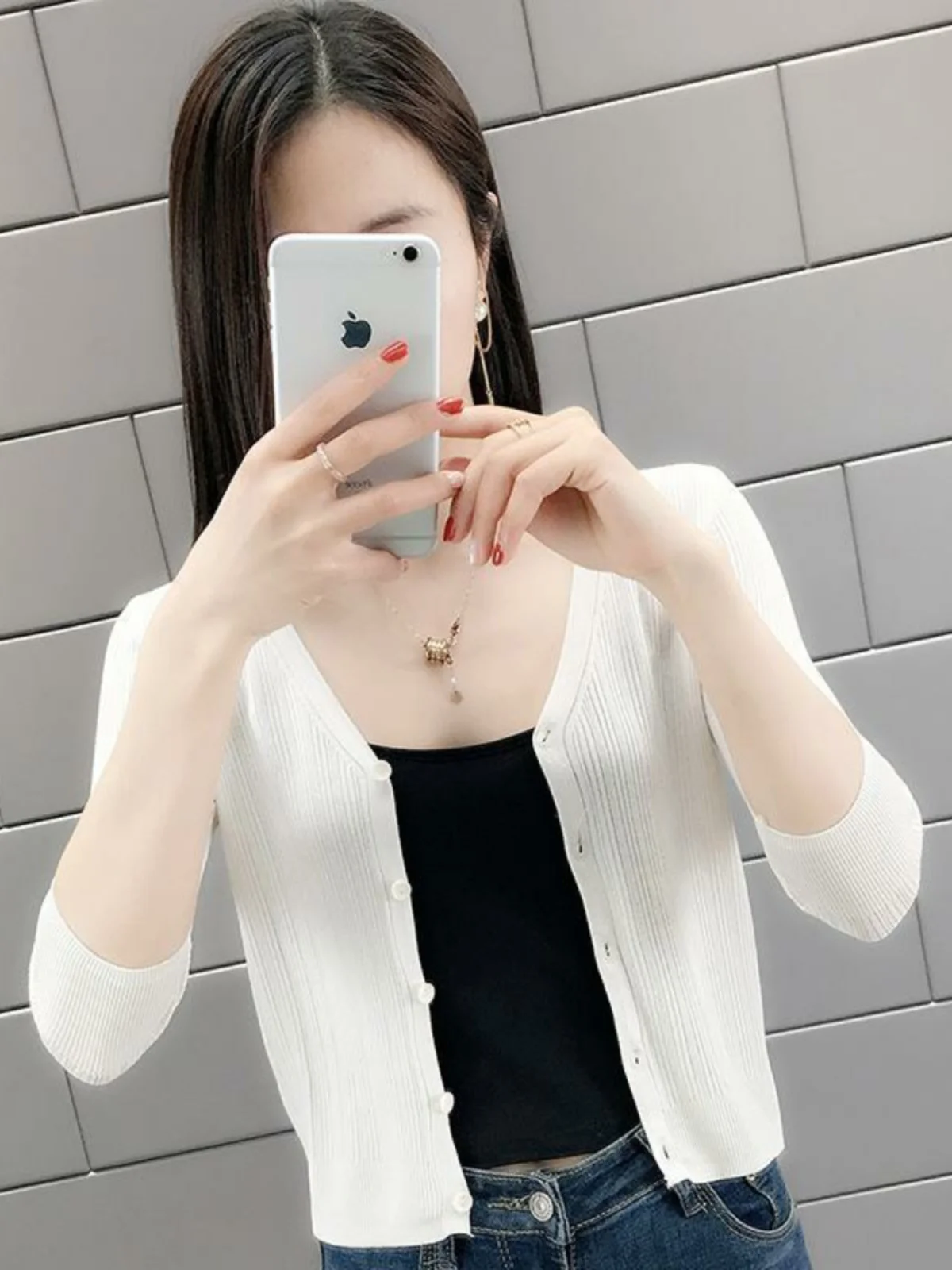 Cardigan ort de malha de seda gelada feminino verão fino agasalhos saia de ar condicionado combinando pequeno Jaet V-ne nove pontos...