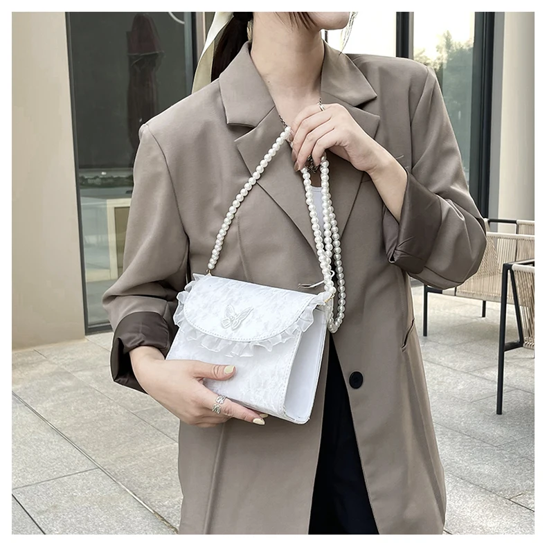 Retro Crossbody Bags for Women Vintage Lace Pearl Chain Ladies Small Square Shoulder Bag Female Clutch Purse Handbags Sac Femme