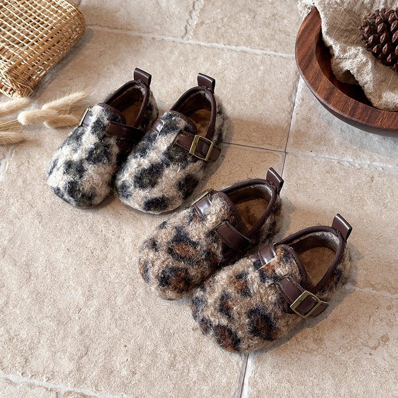 Baby Girls Boys Casual Shoes Autumn Winter Children Cartoon Leopard Print Shoes Non Slip Soft Sole Toddler Kids Warm Plush Shoes