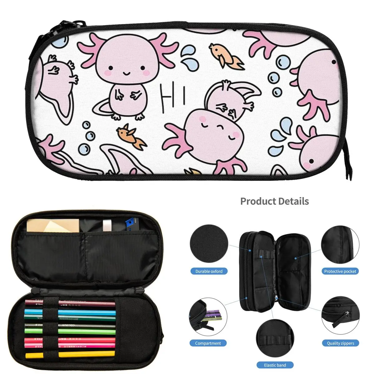 مقلمة السباحة Axolotls للطلاب هدايا صندوق القلم حقيبة أقلام رصاص سعة كبيرة حقيبة أقلام رصاص تخزين لوازم القرطاسية