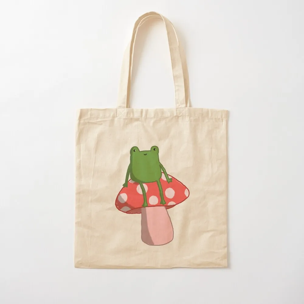 

Little Phrog Sitting on Mushroom Tote Bag Large bags for women custom tote bag Custom bag custom canvas Canvas Tote