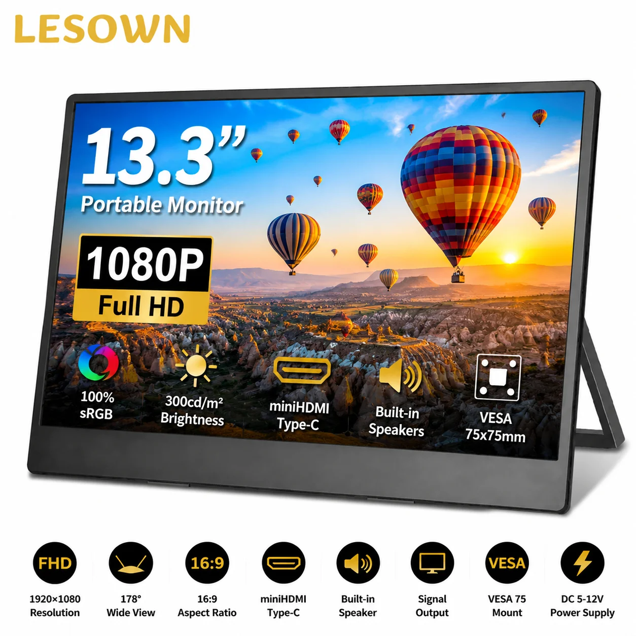 LESOWN 13.3 Inch Portable Monitor 1080P FHD LCD External Display Driver-free Slim Screen for Laptop
