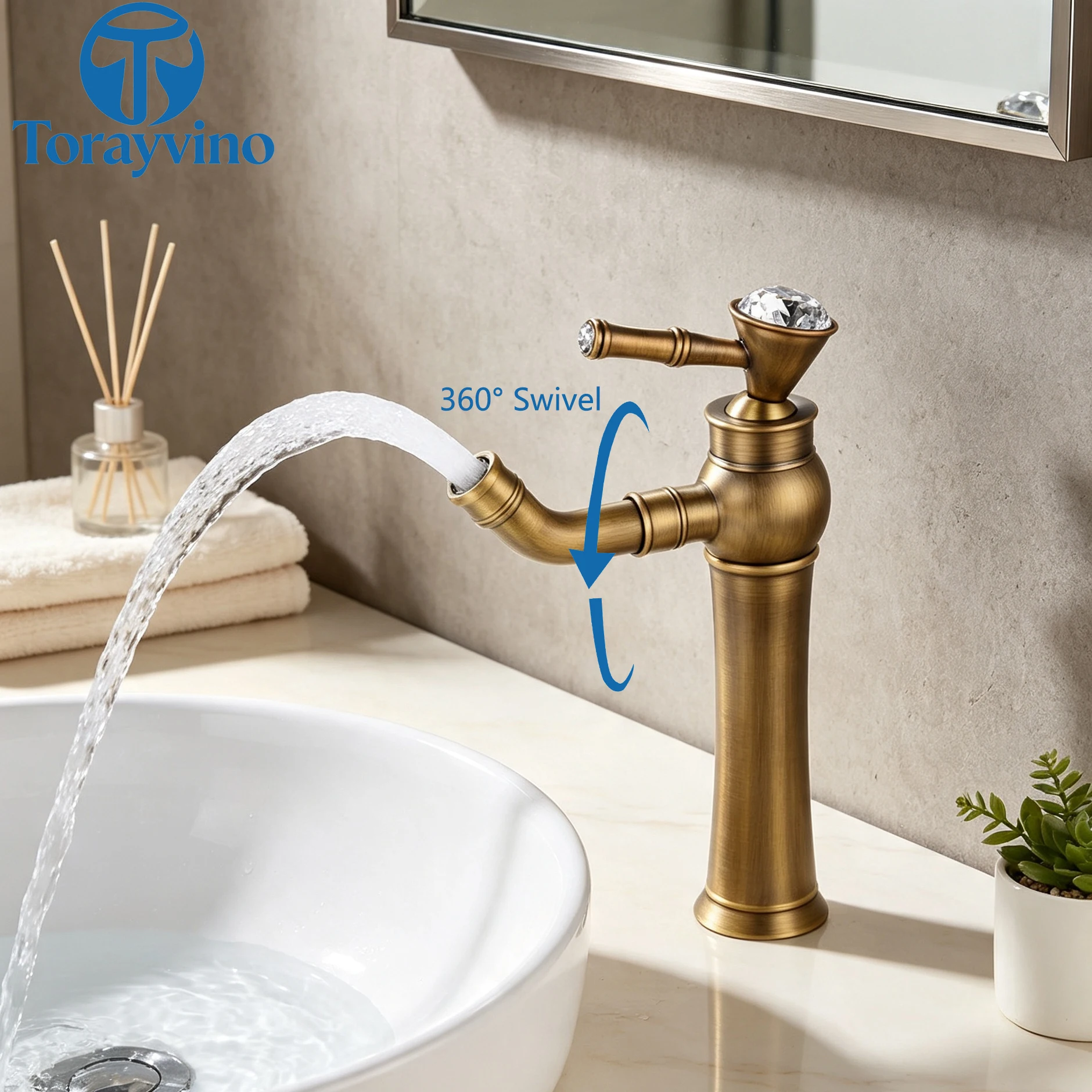 Torayvino Luxury European Black Gold Antique Diamond Bathroom Basin Faucet Vessel Sink 360 Swivel Spout Faucets Bath Mixer Tap