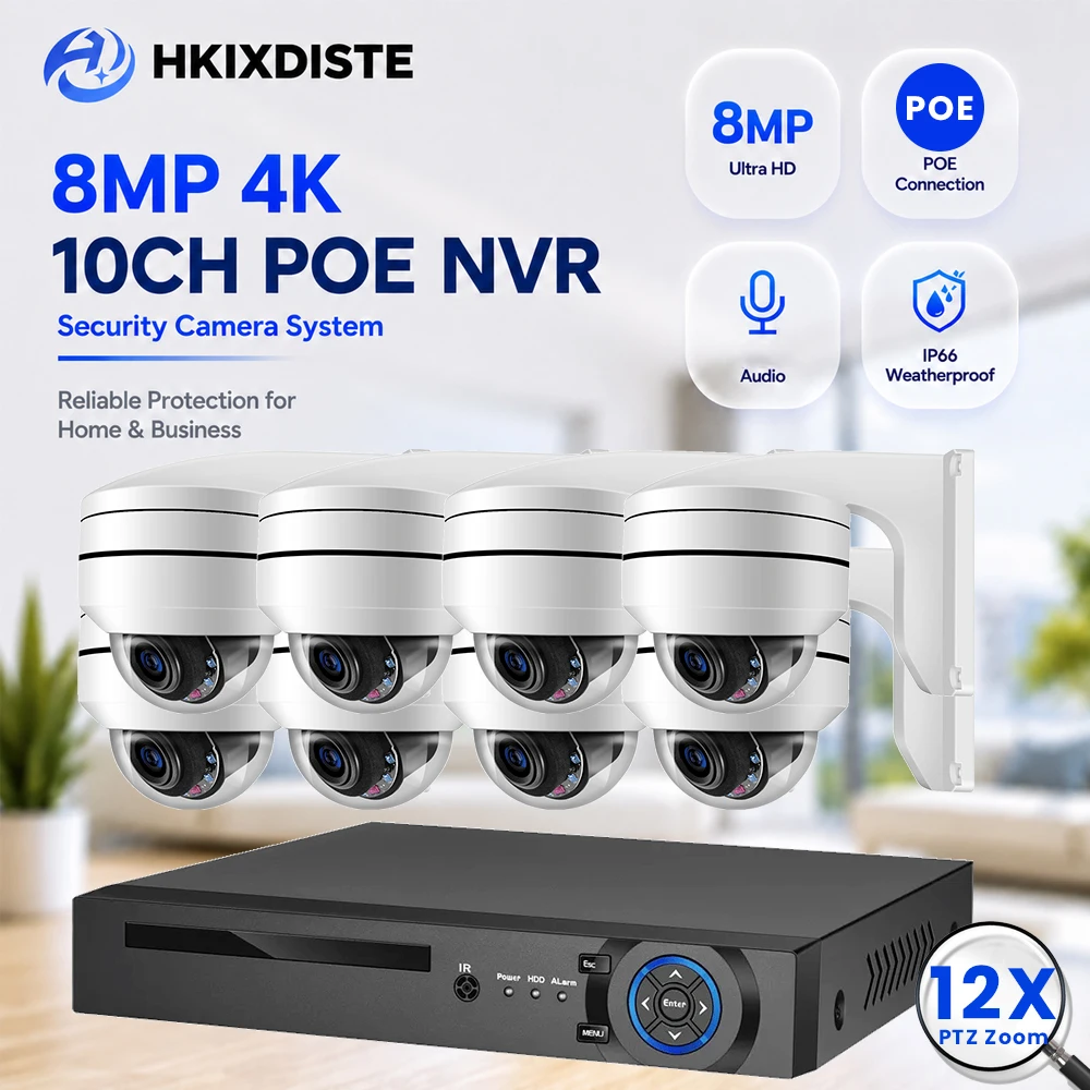 8MP 4K 10CH PoE NVR Security Kit POE PTZ Dome IP Cameras 12X Zoom Audio Record IP66 Outdoor Remote View CCTV Surveillance System