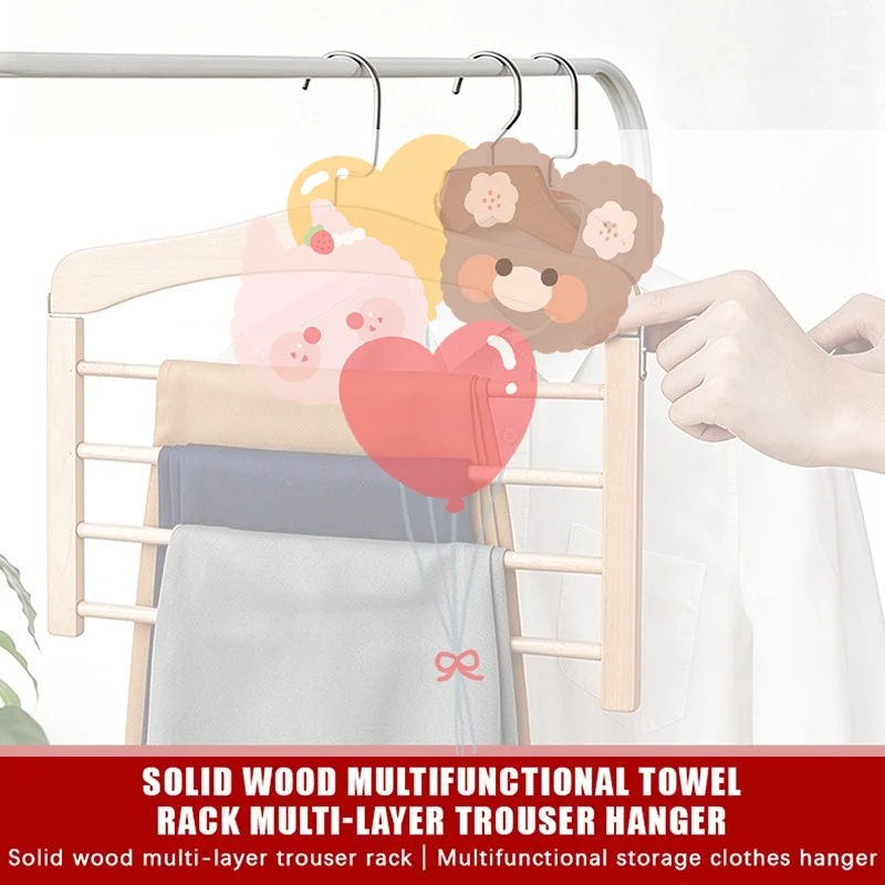 Solid Wood Multifunctional Multi-tier Trouser Rack Household Wooden Coat Rack Towel Scarf Tie Storage Rack Flocking Non-marking