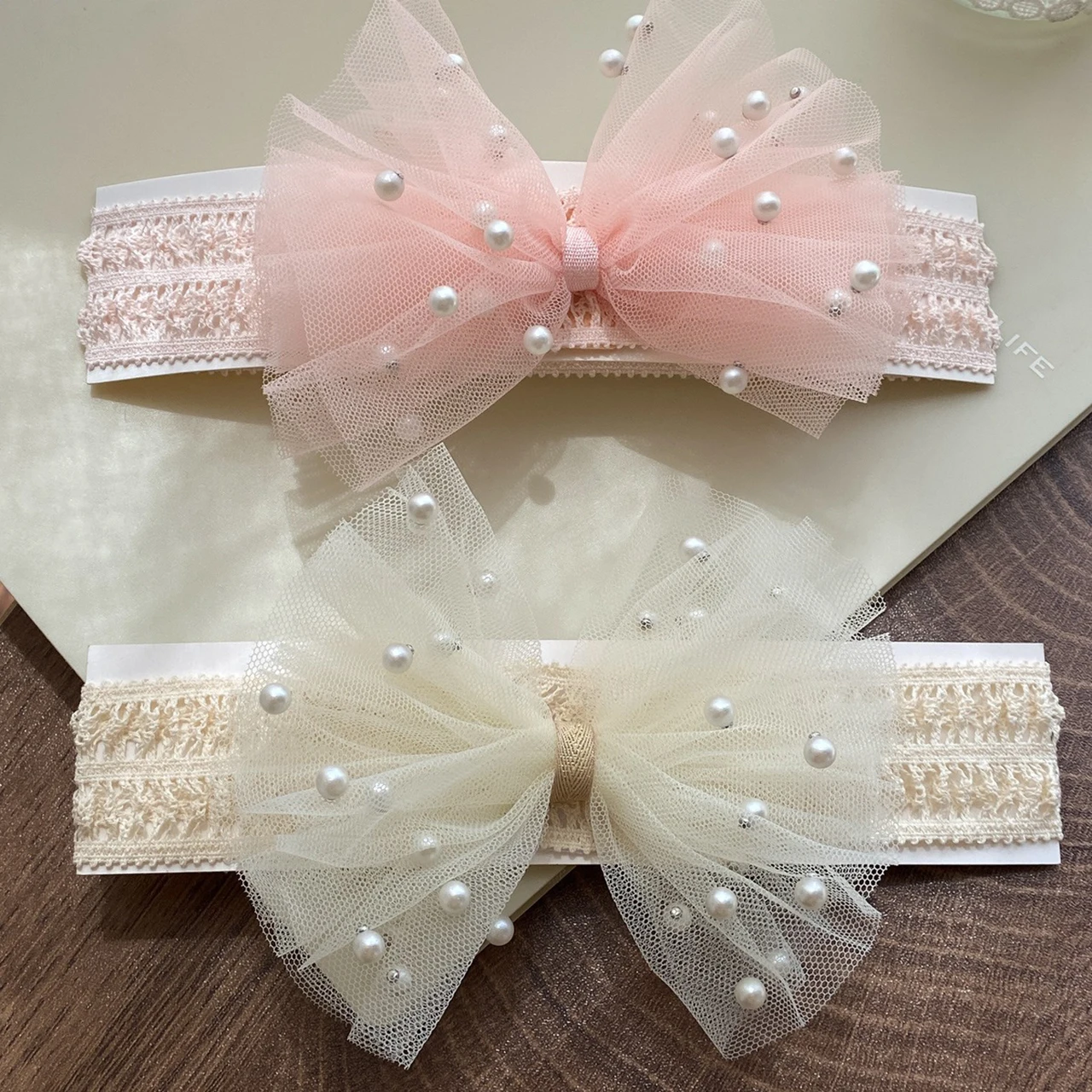 

Pearl Mesh Bow Headband Princess Girl Bowknot Lace Hairband Baby Headwear Birthday Photography Props Newborn Hair Accessories