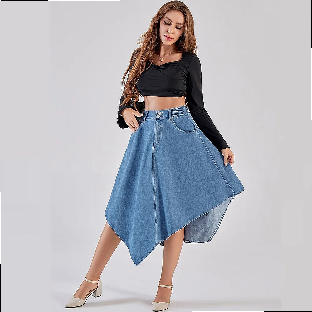 Women Denim Skirt Midi Skirts High Waist Irregular Hem Streetwear Spring Summer