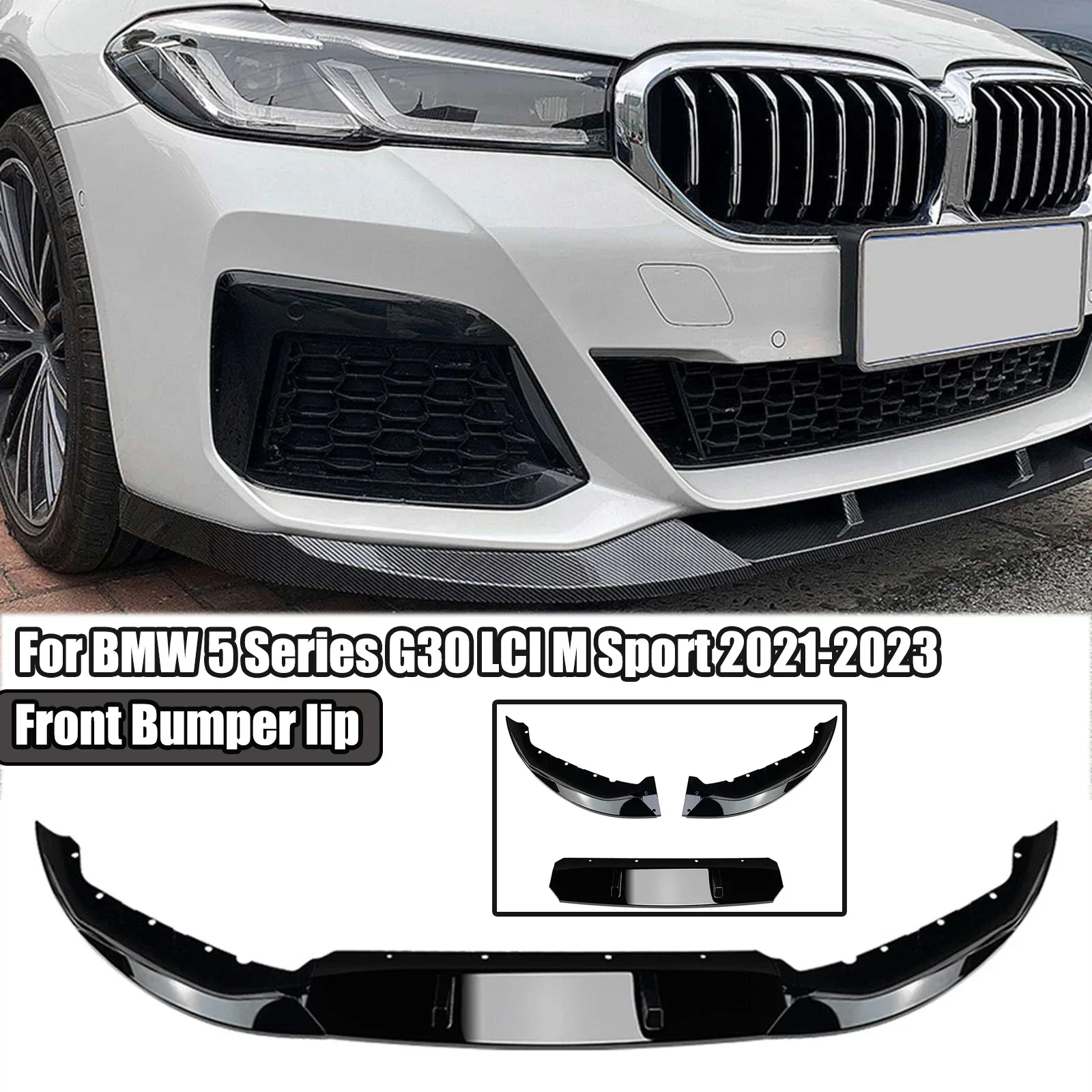

3 шт. передний бампер, спойлер, диффузор для BMW 5 серии G30 LCI M Sport 525i 530i 540i 2020-2022 + глянцевый черный вид из углеродного волокна