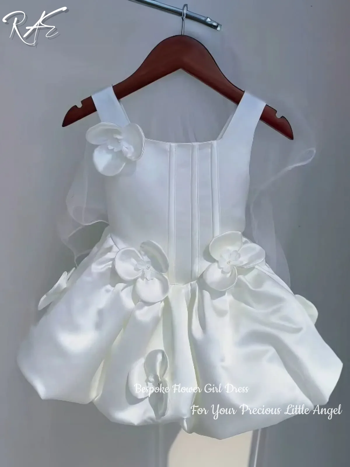 Neck Strap 3D Floral Satin Puffy Flower Girl Dress For Wedding Birthday Pageant Formal Gowns A-Line Short Kids Princess Gowns